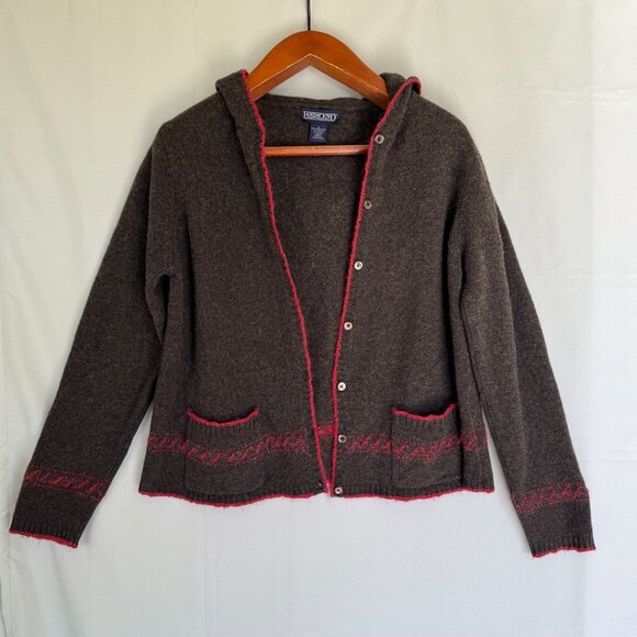 90s Vintage Lands End Brown Red Wool Mohair Blend Hooded Cardigan Sweater Size L - Picture 2 of 14